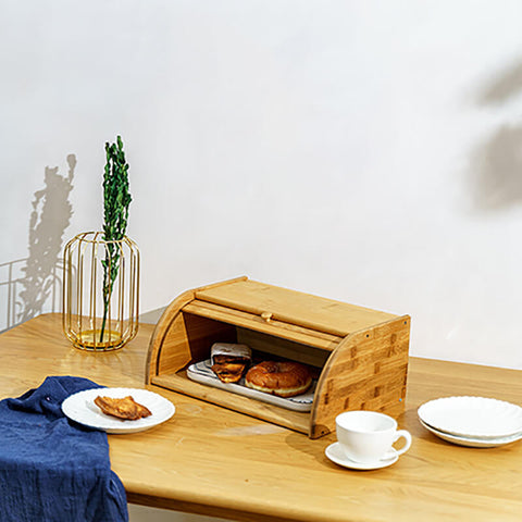 Organic Large Wooden Bread Box with Roll-Top Cover