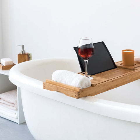 Wooden bathtub caddy tray for zero-waste bathroom