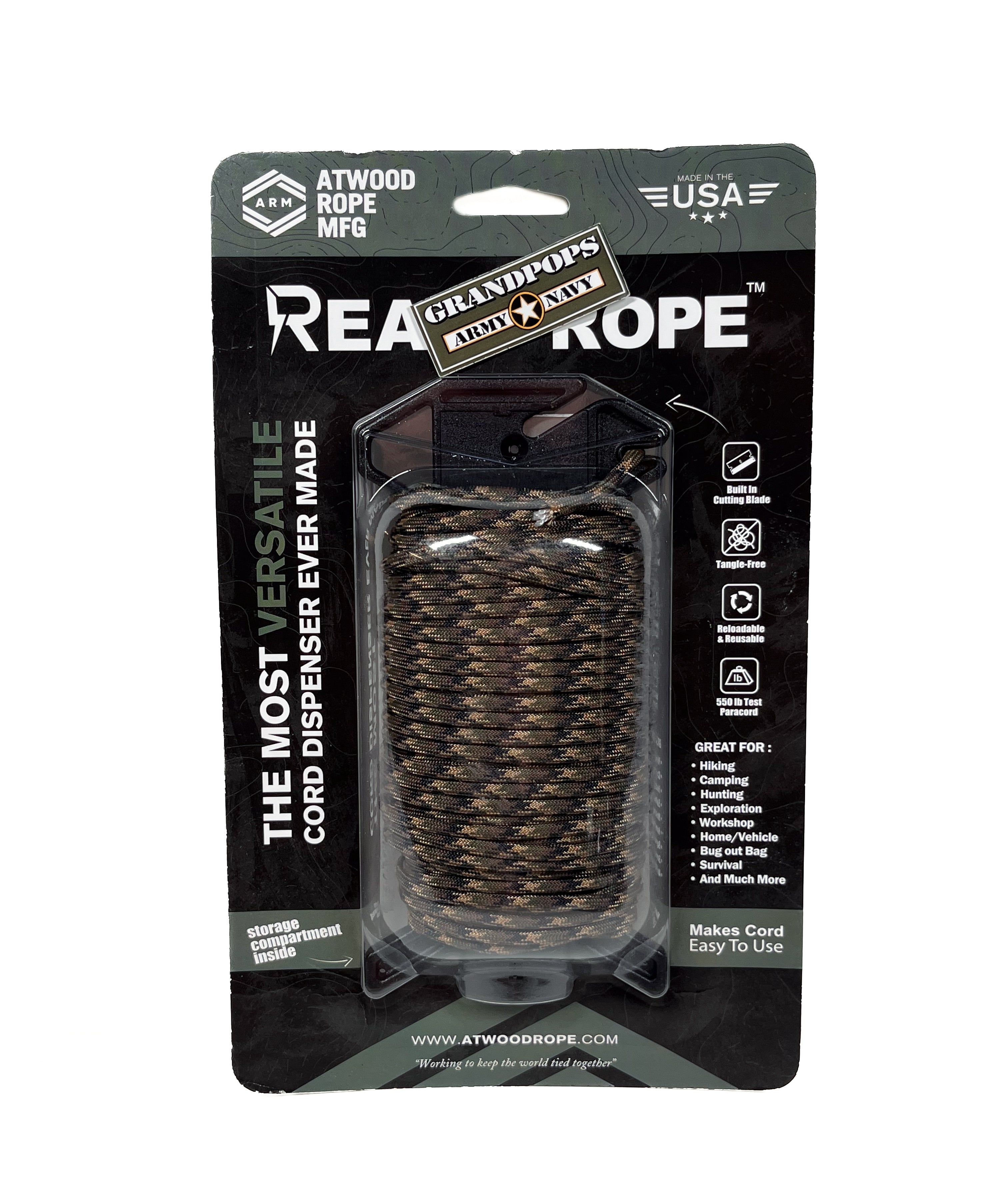 Ground War Woodland Camo 550LB Paracord 100Ft Ready Rope?  Survival Storage Kit Made In USA