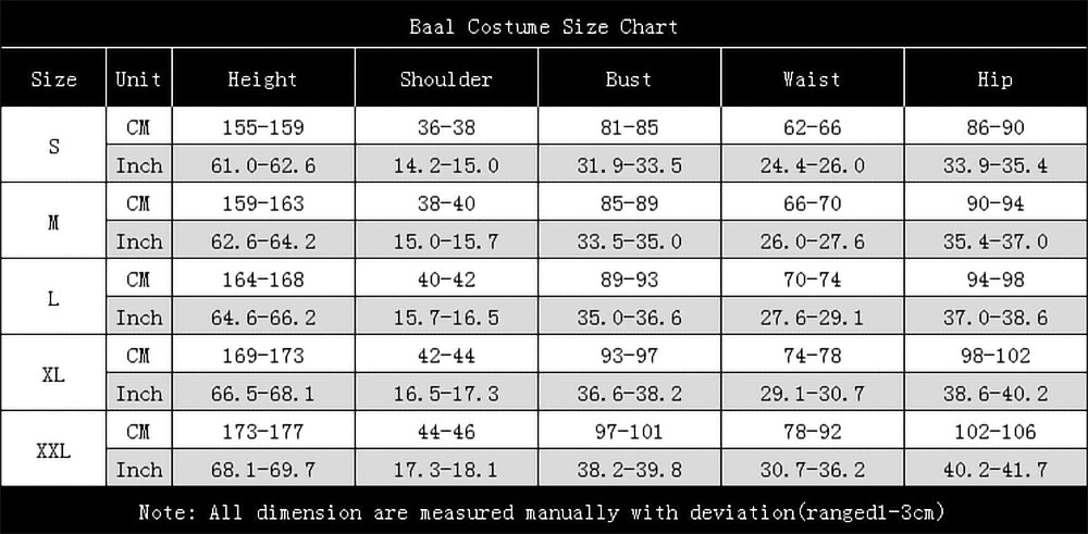 Baal costume size
