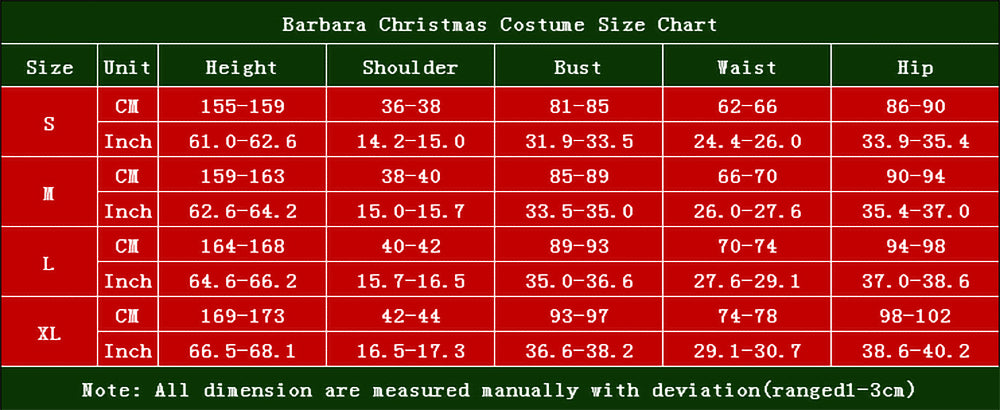 Barbara Christmas costume size chart
