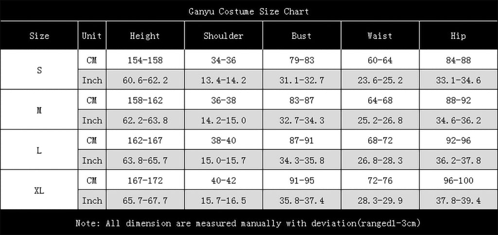 Ganyu costume size