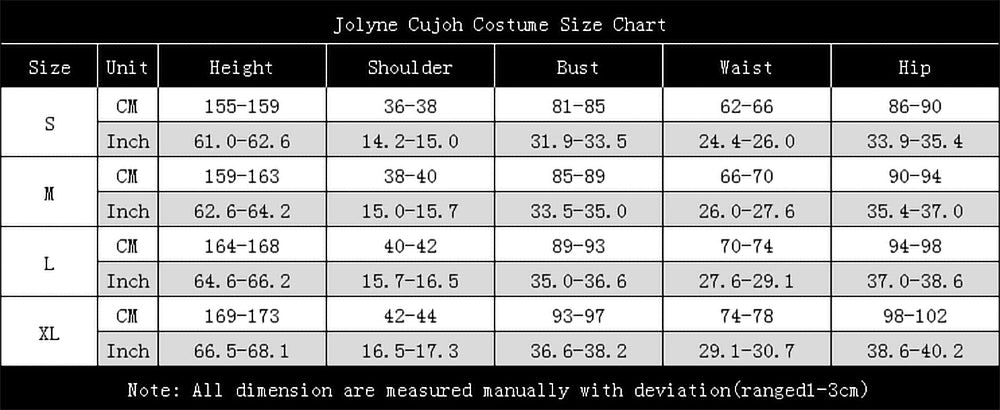 Jolyne Cujoh costume size chart