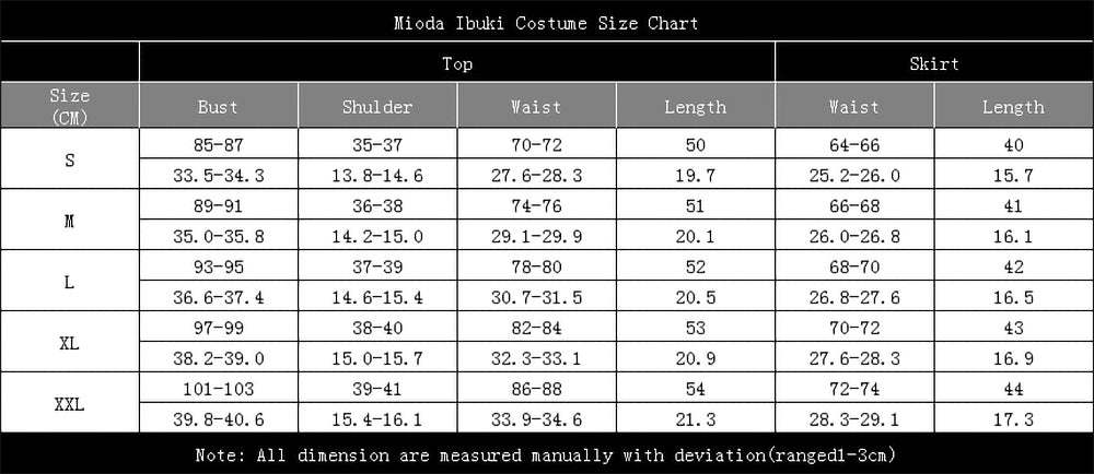 Moida Ibuki costume size chart