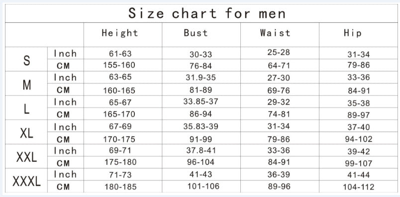 Size chart for men