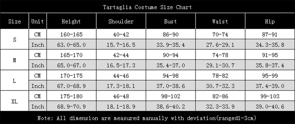 Tartaglia costume size