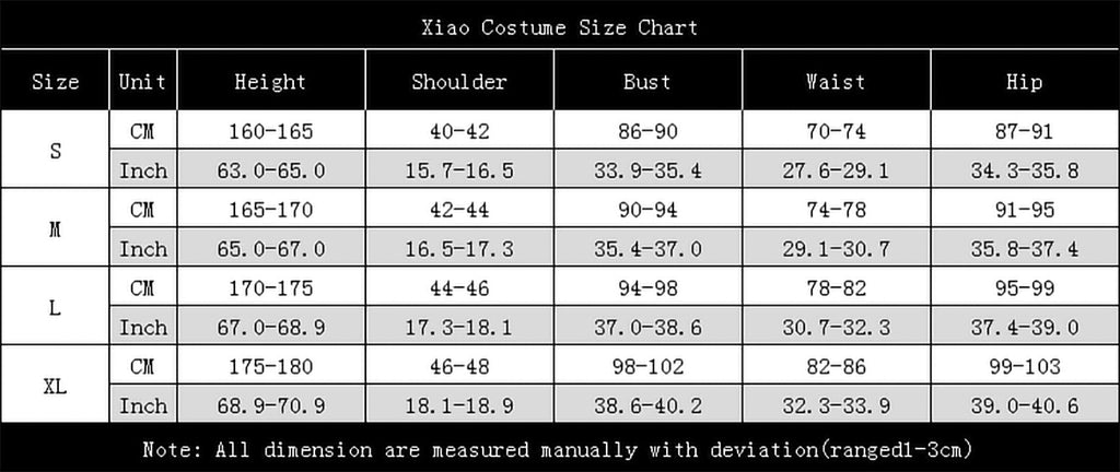 Xiao costume size