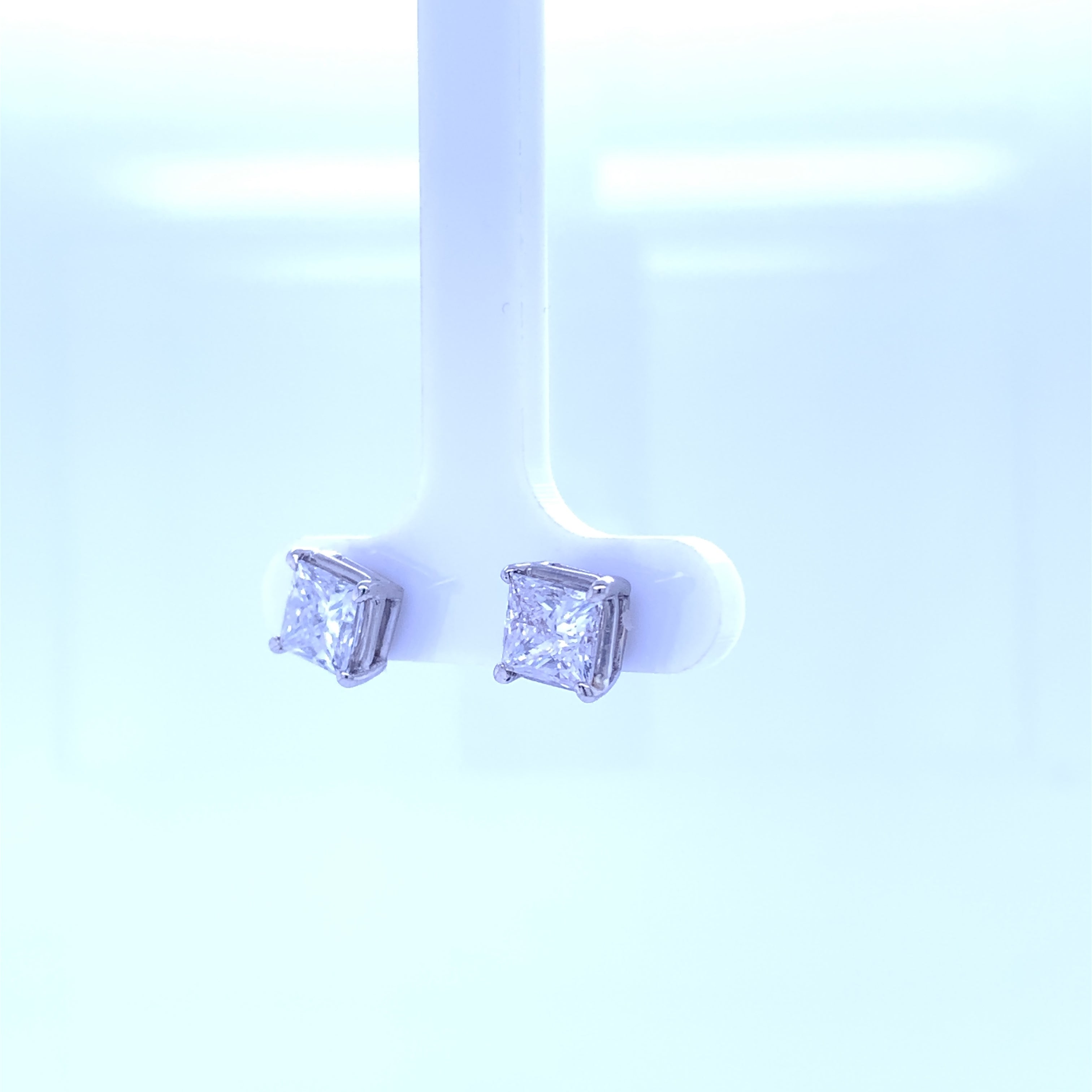 14K White Gold Princess Cut Diamond Stud Earrings 2.50 Total Carat