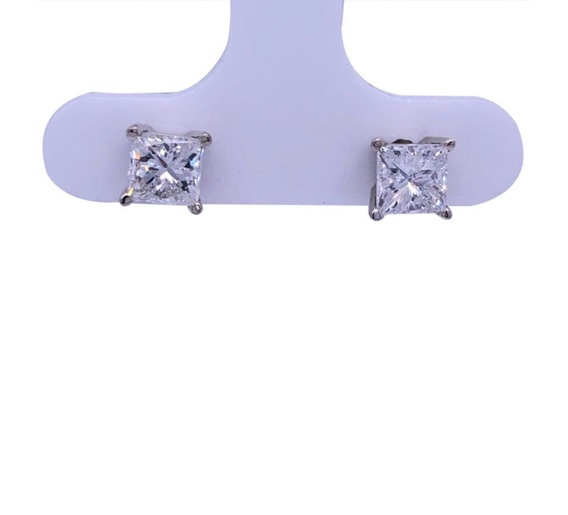 1.45Ct Princess Cut Diamond Basket Stud Earrings 14k Gold 4 Prong Screw Back