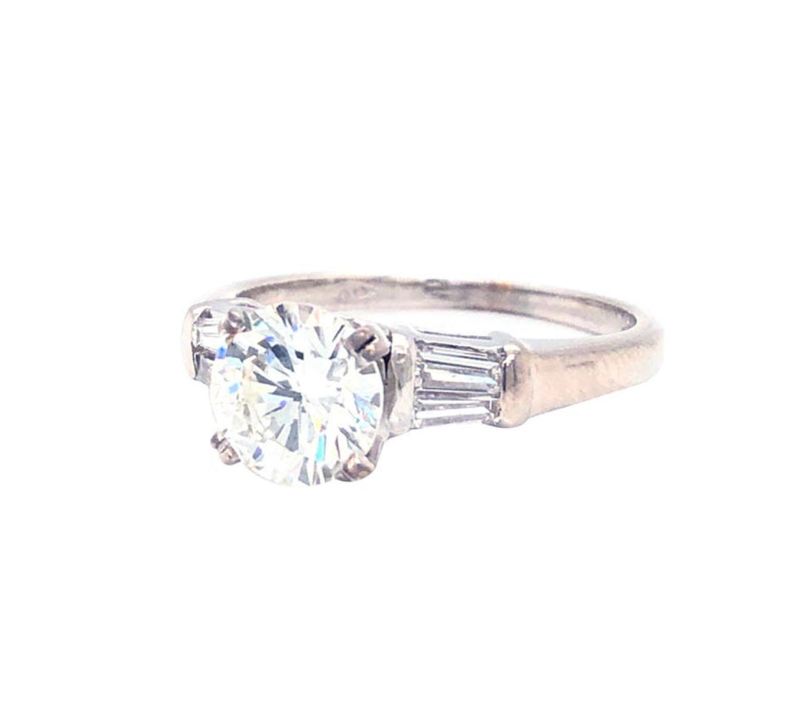 GIA Certified 1.20 Carat VS1 Round Tapered Baguette Platinum Diamond Ring