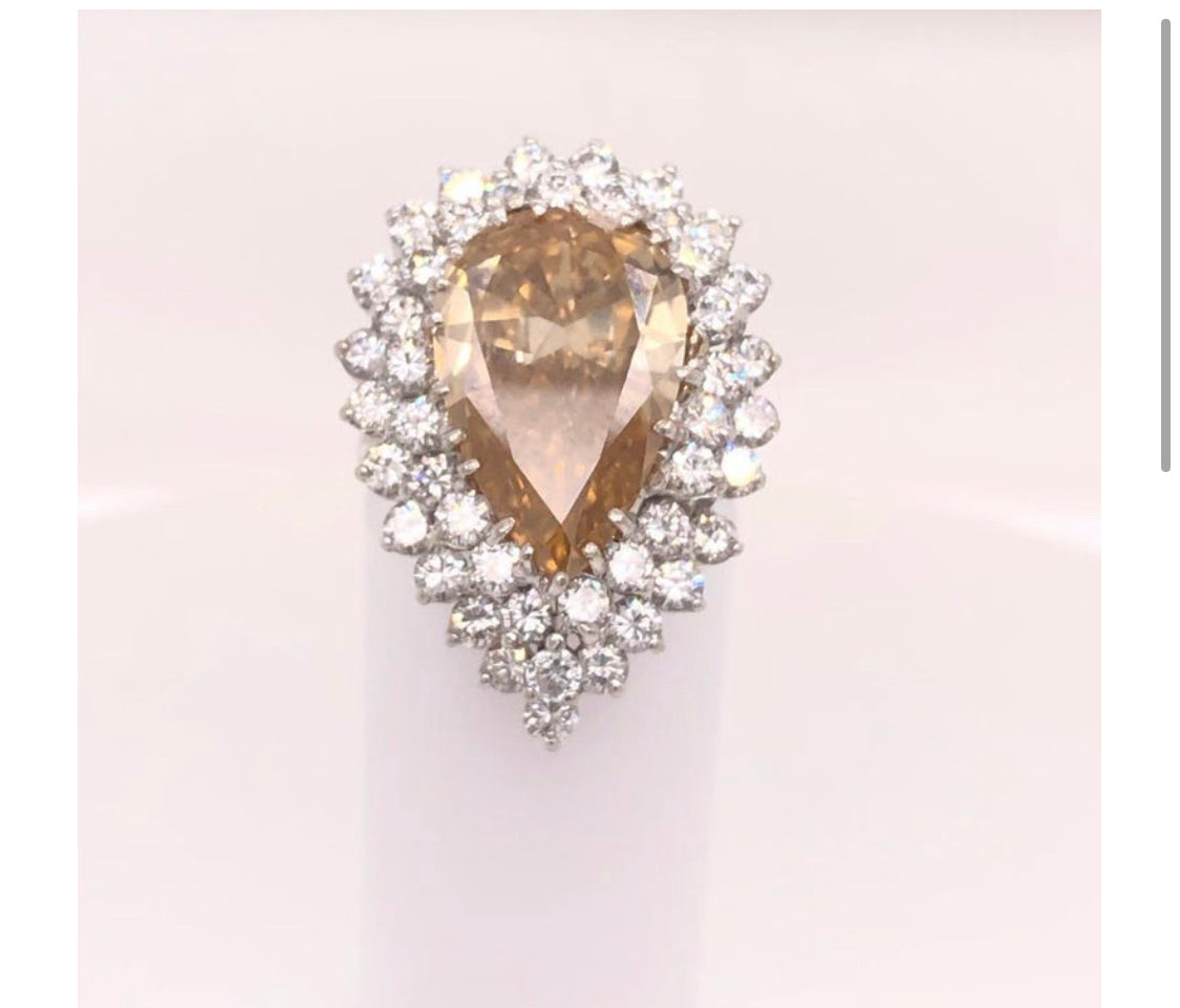 Fancy Yellow Brownish Pear Shape Diamond Ring With Double Halo in  Platinum