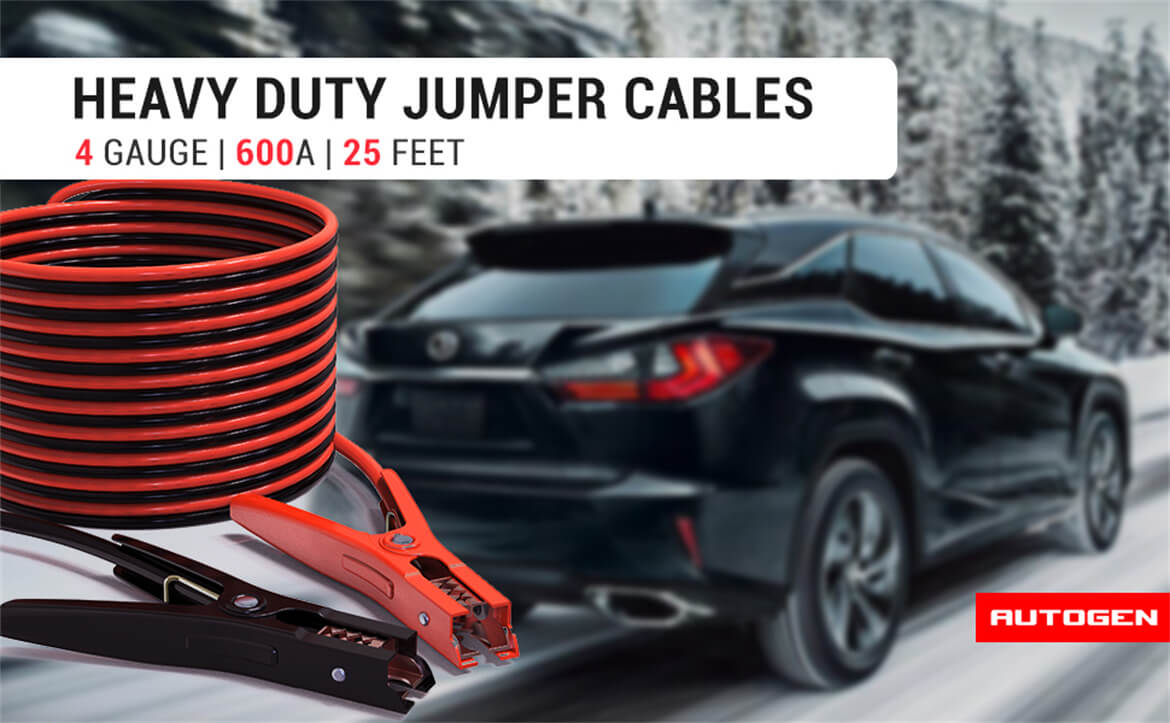 Heavy Duty Booster Cables 4 Gauge 25 Feet with Reverse Hook Up and Alternator Indicator，with Carry Bag GWJ Jumper Cables Safety Gloves and Brush. 