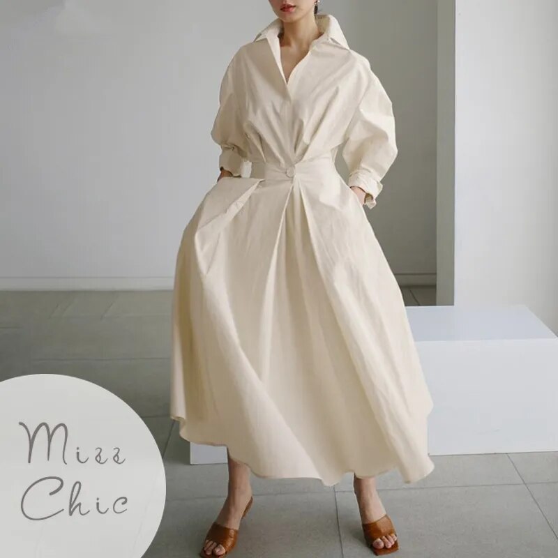 S-5XL Fashion Long Sleeve Shirt Dress Chic Turndown Neck Maxi Dress Women Autumn/Winter Clothes Streetwear