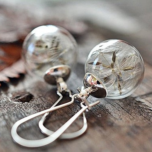 2pairs16MM Glass Globe Dandelion Seed Earrings Eco Earring Botanical Jewelry Nature Real Dried Flowers Dangle Earrings For Women