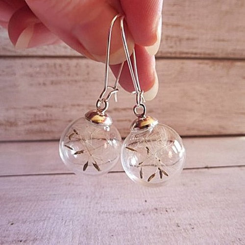 2pairs16MM Glass Globe Dandelion Seed Earrings Eco Earring Botanical Jewelry Nature Real Dried Flowers Dangle Earrings For Women