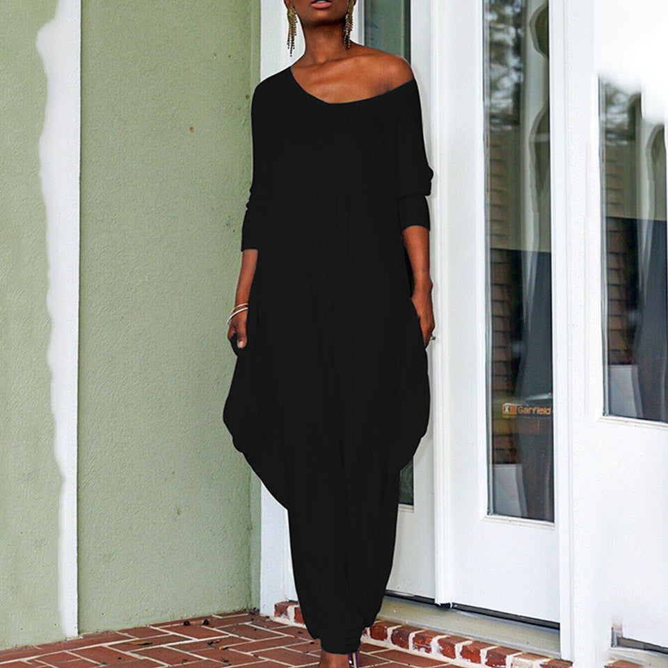 Harem Baggy Sexy V Neck Funny Oversized Jumpsuit w/Deep Plunge Low Crotch Jumpsuit Long Sleeve