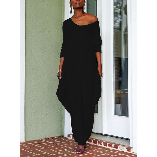 Harem Baggy Sexy V Neck Funny Oversized Jumpsuit w/Deep Plunge Low Crotch Jumpsuit Long Sleeve