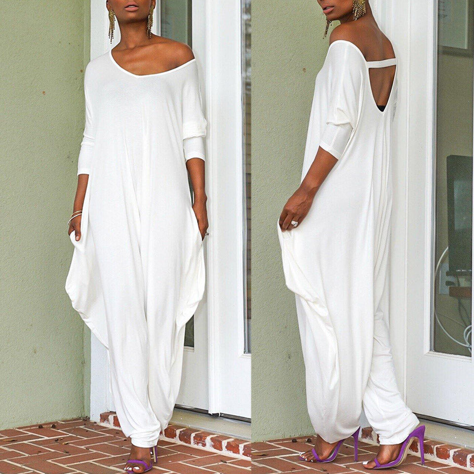 Harem Baggy Sexy V Neck Funny Oversized Jumpsuit w/Deep Plunge Low Crotch Jumpsuit Long Sleeve