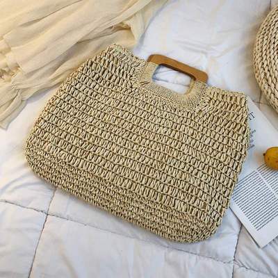 Casual Rattan Large Capacity Tote Wicker Woven Wooden Handbag for Summer