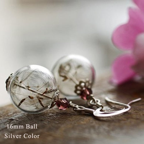 2pairs16MM Glass Globe Dandelion Seed Earrings Eco Earring Botanical Jewelry Nature Real Dried Flowers Dangle Earrings For Women