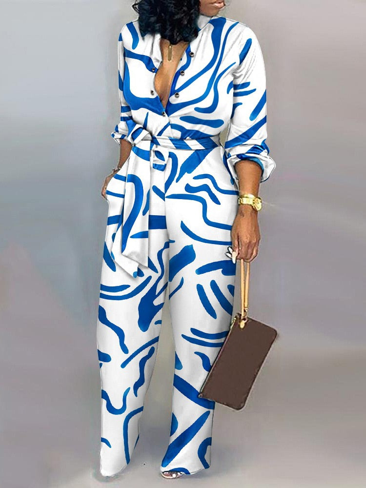 Autumn Abstract Print Button Front Belted Elegant Jumpsuit Of One Fashion Casual Piece For Women