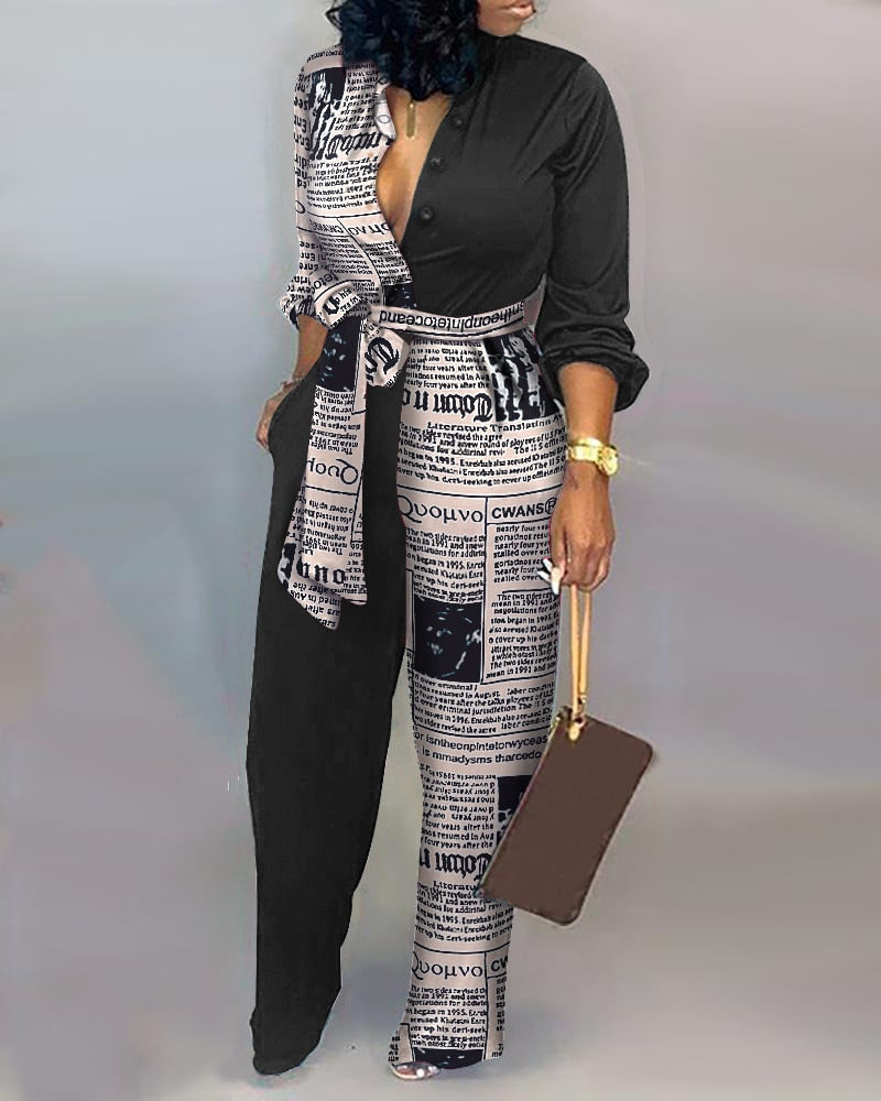 Autumn Abstract Print Button Front Belted Elegant Jumpsuit Of One Fashion Casual Piece For Women