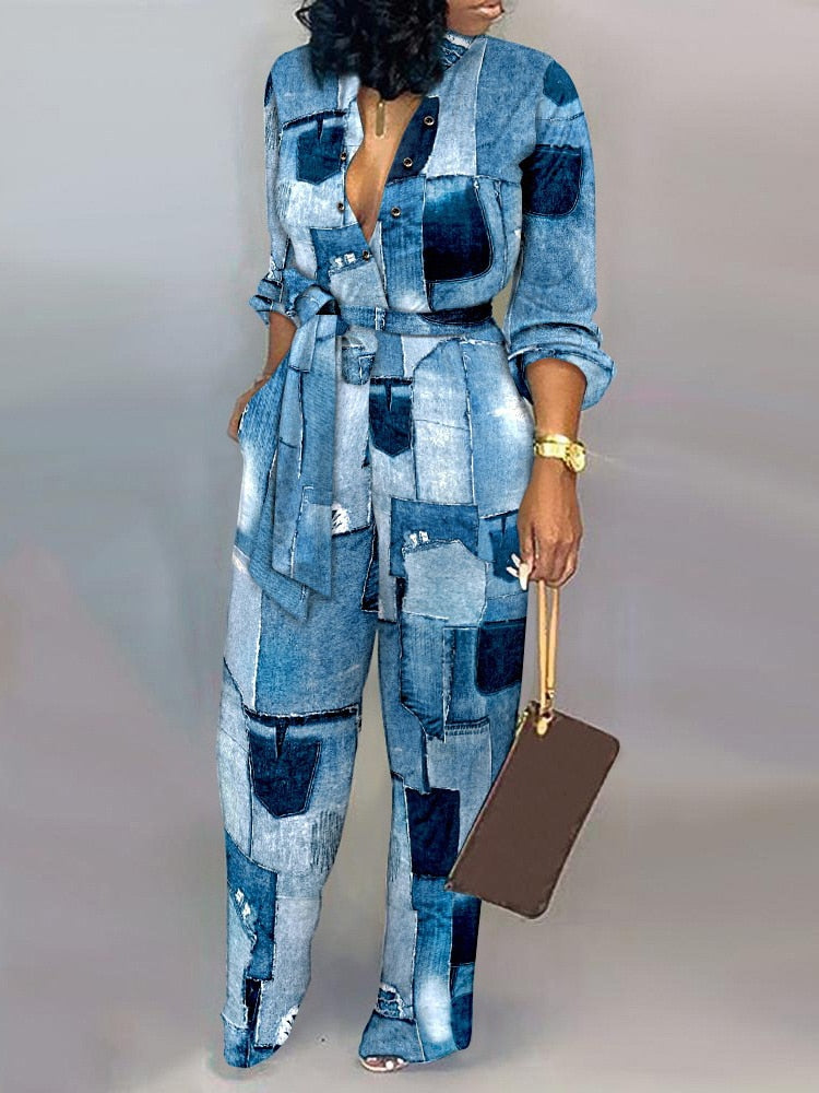 Autumn Abstract Print Button Front Belted Elegant Jumpsuit Of One Fashion Casual Piece For Women