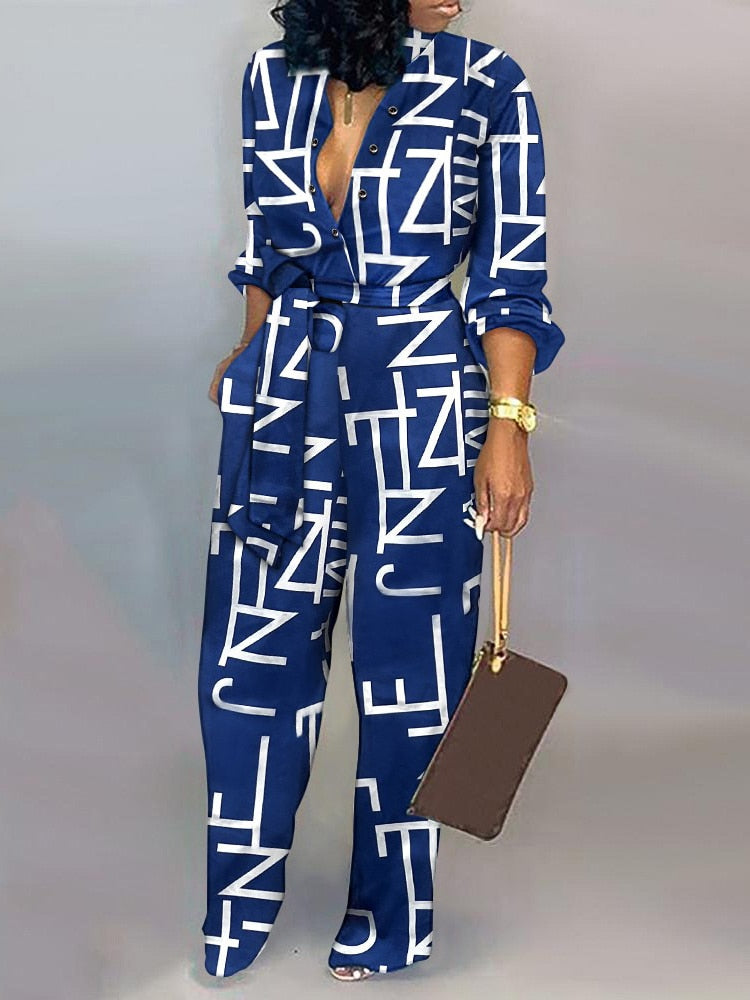 Autumn Abstract Print Button Front Belted Elegant Jumpsuit Of One Fashion Casual Piece For Women