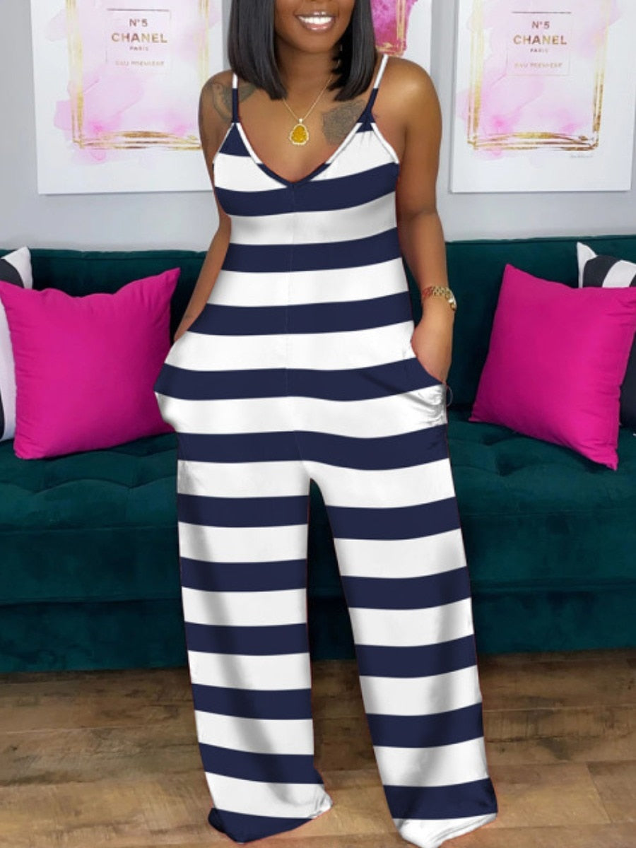 Curvy Print Pocket Design Jumpsuit w/Patchwork Sleeveless Spaghetti Strap Women Elastic Summer Outfit