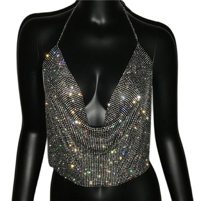 Brilliant Rhinestone Backless Party Crop Top Deep V Neck Tank Top