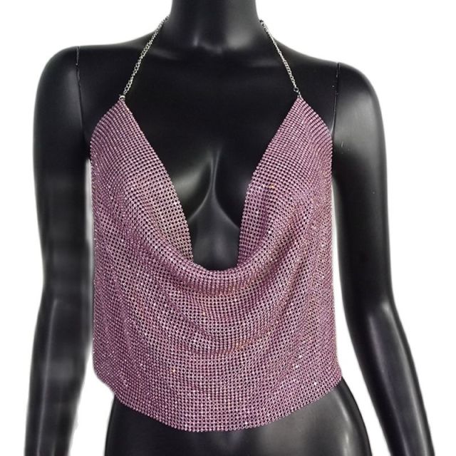 Brilliant Rhinestone Backless Party Crop Top Deep V Neck Tank Top