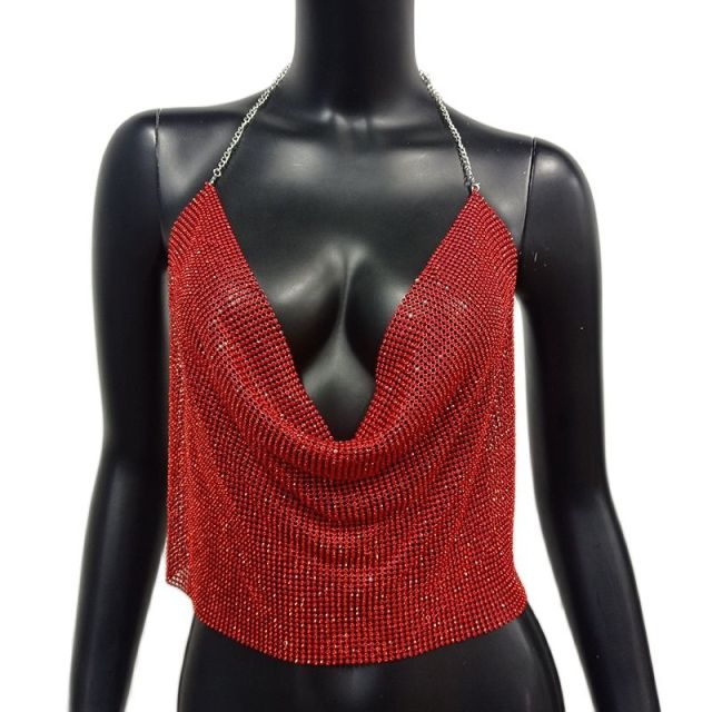 Brilliant Rhinestone Backless Party Crop Top Deep V Neck Tank Top