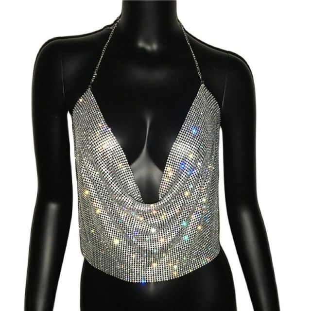 Brilliant Rhinestone Backless Party Crop Top Deep V Neck Tank Top