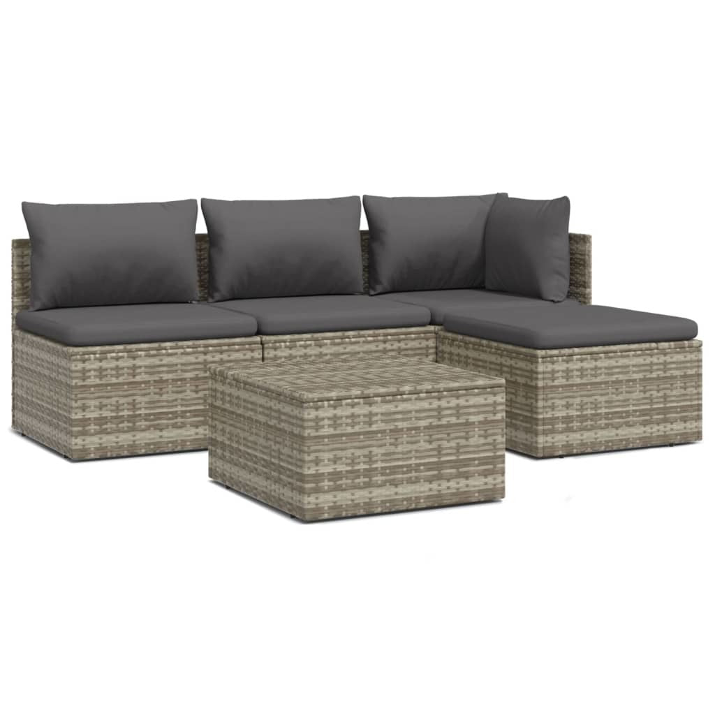 5 Piece Patio Lounge Set with Cushions Gray Poly Rattan