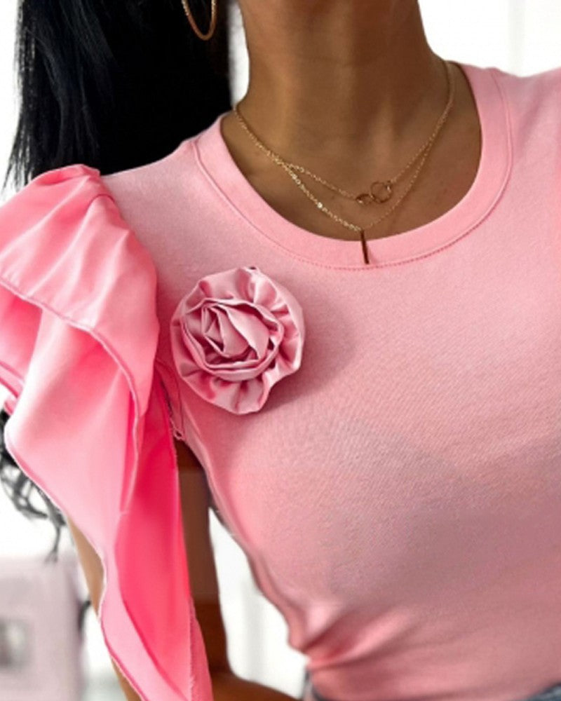 Rose Detail Ruffle Hem Round Neck Top