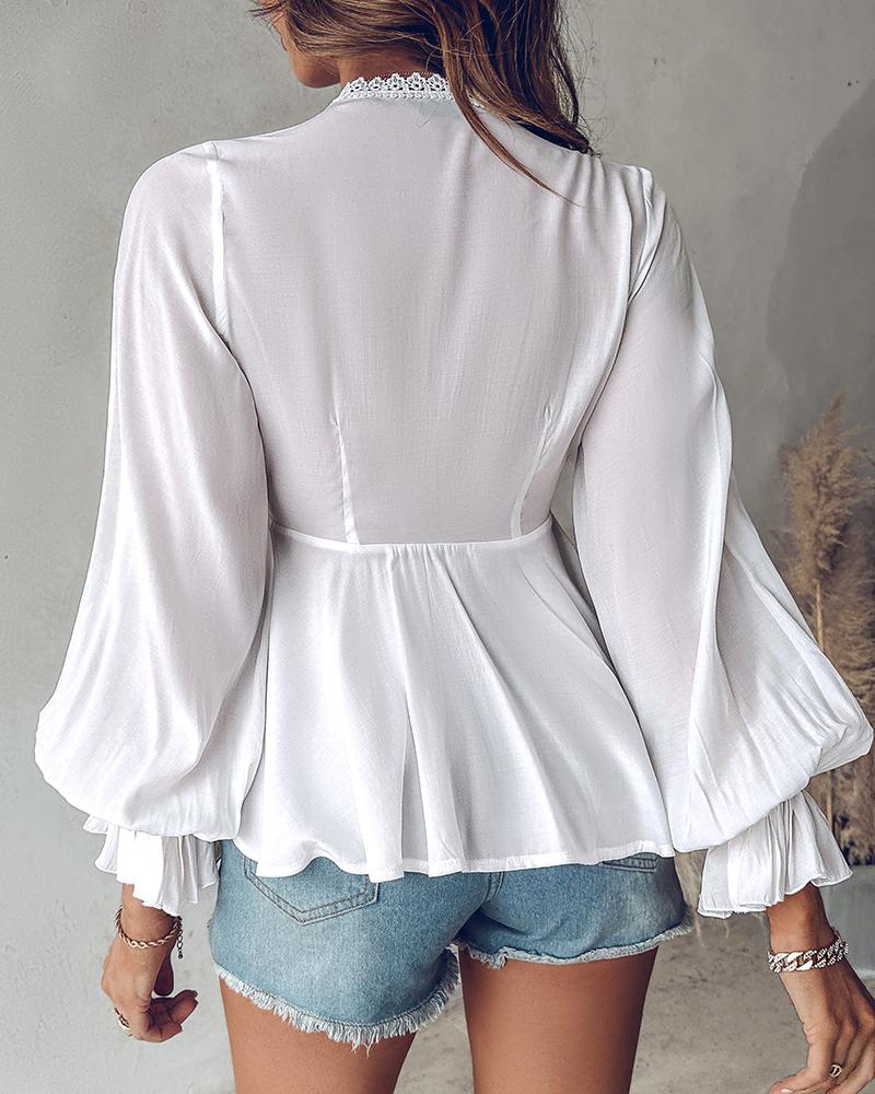Tied Detail Lace Patch Lantern Sleeve Top