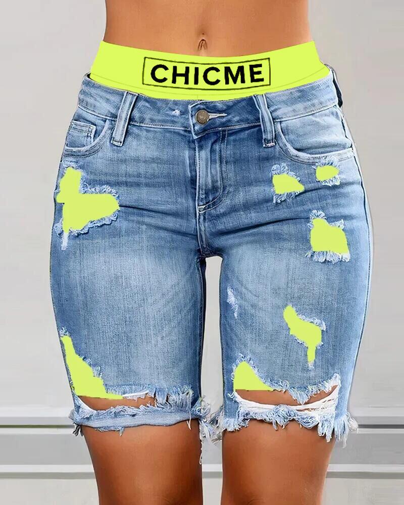 Colorblock Letter Print Ripped 2 In 1 Denim Shorts