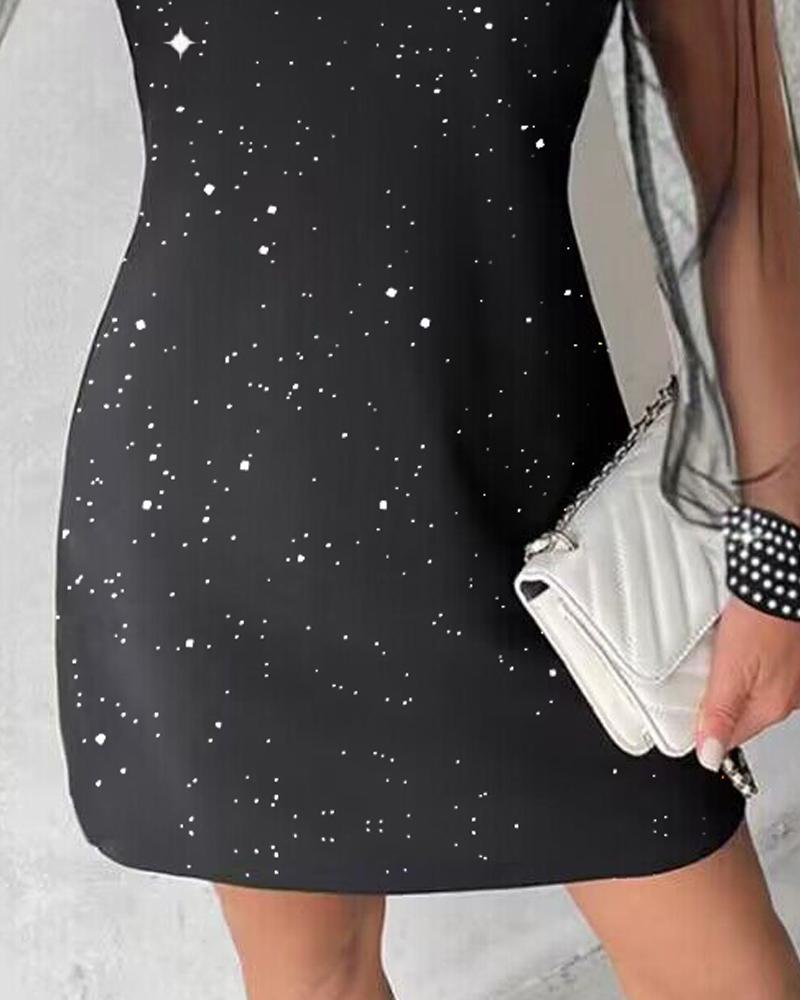 Sheer Mesh Patch Glitter Rhinestone Casual Dress