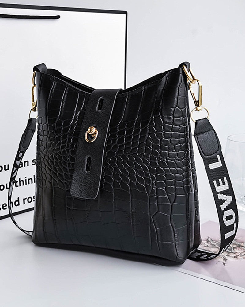 Crocodile Letter Tape Strap Crossbody Shoulder Bag