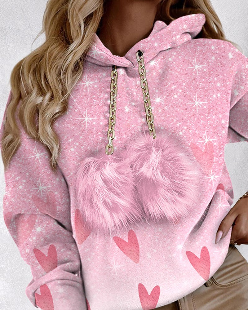 Heart Pattern Pom Pom Hoodie