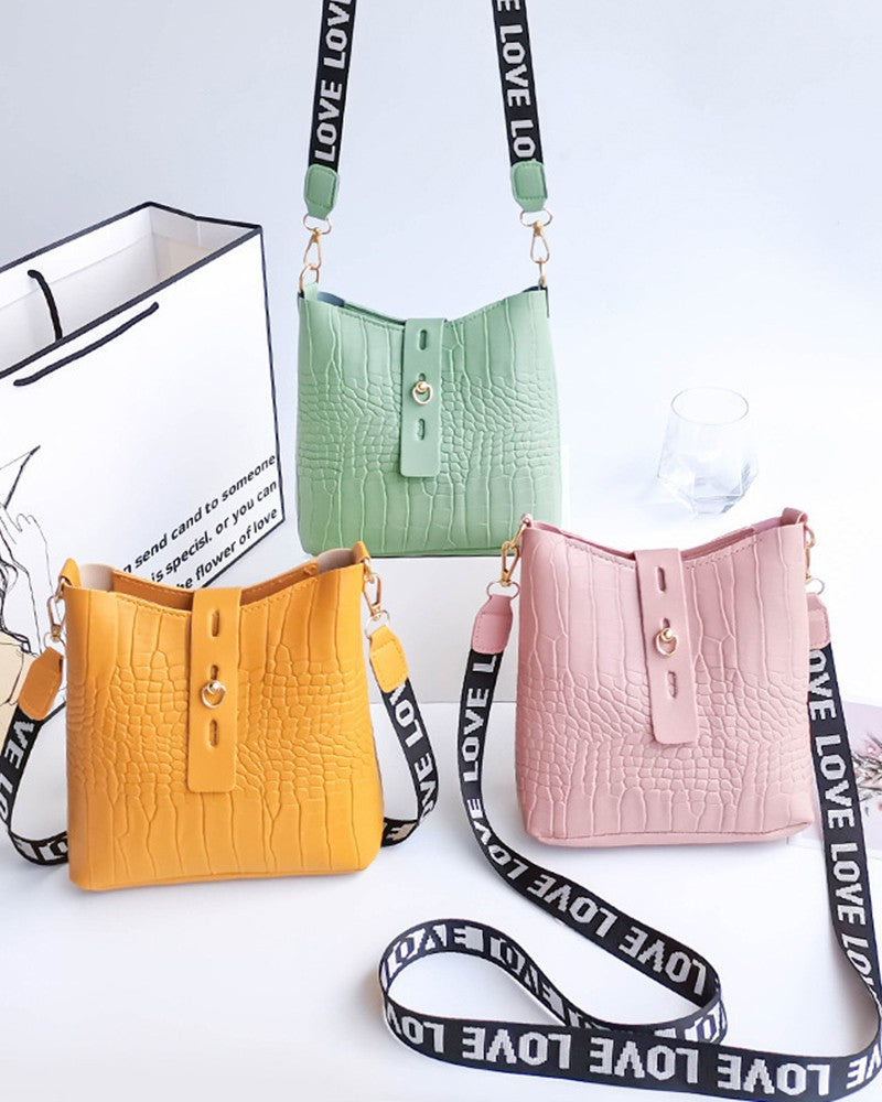 Crocodile Letter Tape Strap Crossbody Shoulder Bag