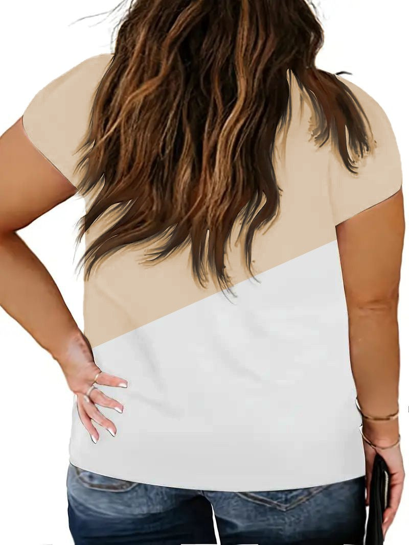 Plus Size Colorblock Petal Sleeve V Neck T Shirt