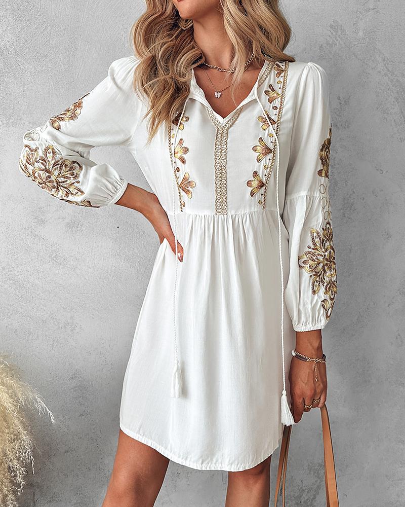 Floral Embroidery Tied Detail Casual Dress