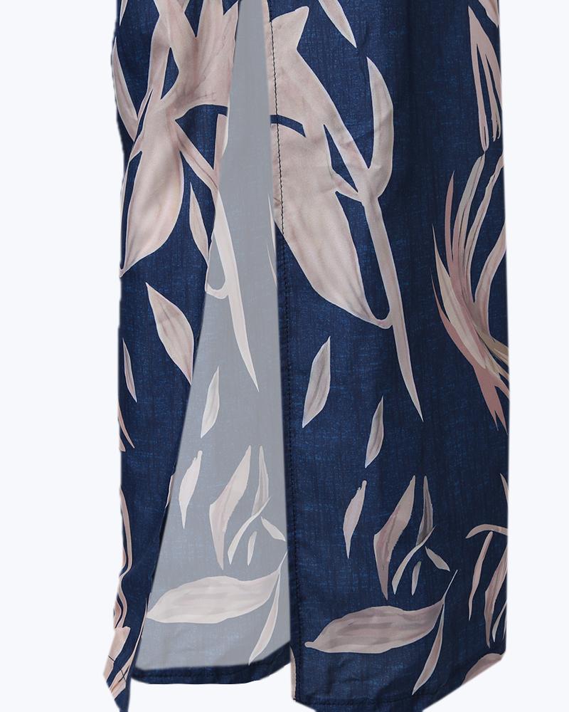 Halter Plants Print Backless Slit Wide Leg Jumpsuit