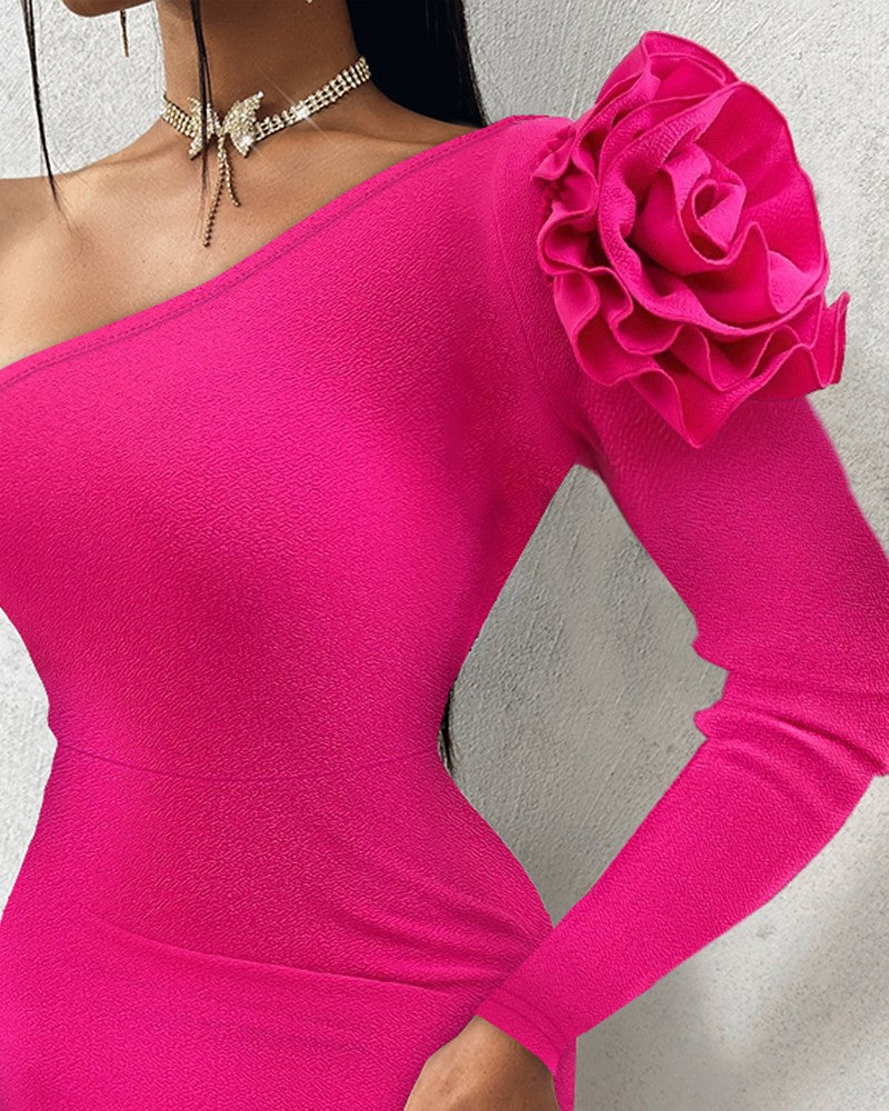 Rose Detail One Shoulder Party Dress