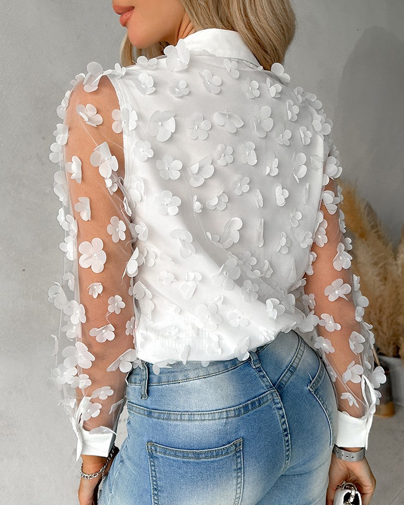 Floral Pattern Long Sleeve Mesh Patch Top