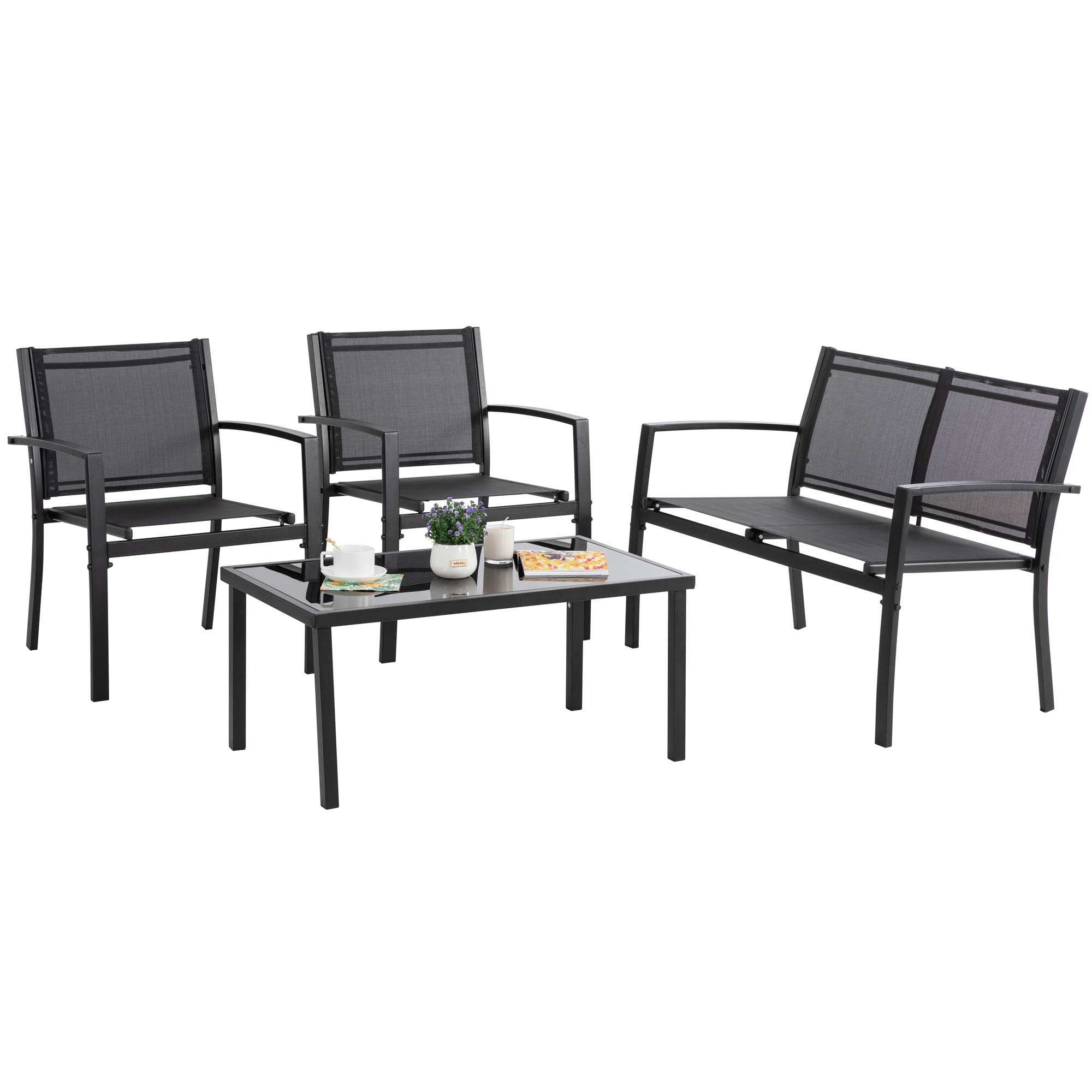 4 Pieces Patio Furniture Sets, Outdoor Patio Conversation Sets with Glass Coffee Table