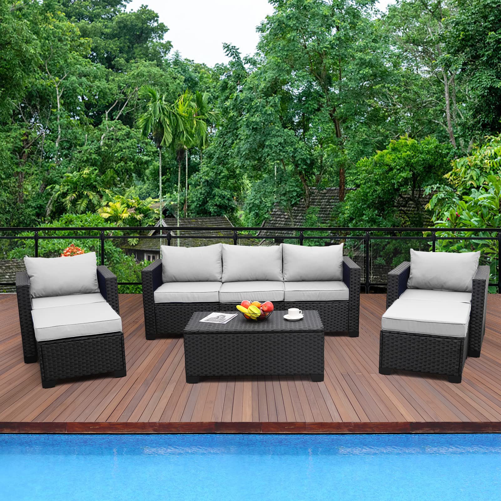 Patio Wicker Furniture Set 6 Pieces Outdoor PE Rattan Conversation Couch Sectional Chair