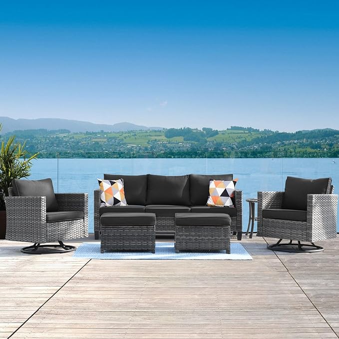 Patio Furniture Set, 6 Piece Outdoor Sofa Couch with Rocking Swivel Chairs