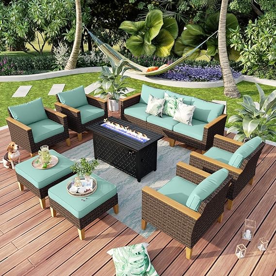 9 Piece Wicker Patio Furniture Set, 2 x Single Chair, 2 x Ottoman, Loveseat Sofa, 3-Seat